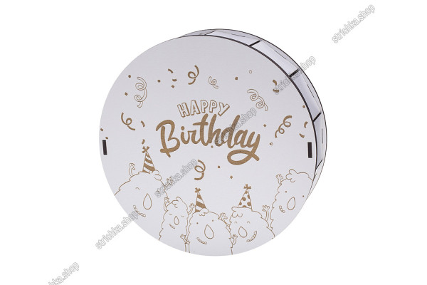 Коробка кругла деревяна 27x8,5см, Happy Birthday з монстрами. Білий