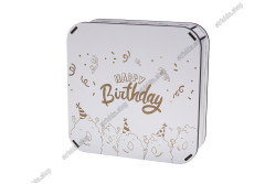 Коробка квадратна деревяна 19,5x6см, Happy Birthday з монстрами. Білий