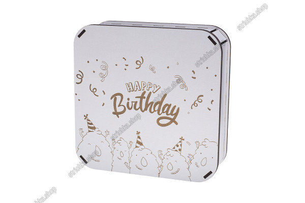 Коробка квадратна деревяна 12x4см, Happy Birthday з монстрами. Білий