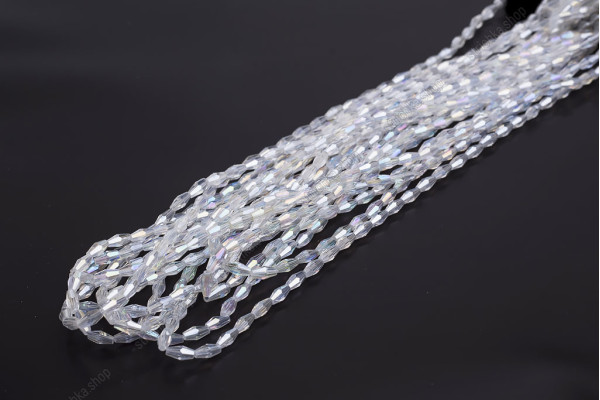 Намистини кришталеві Біконус довгий 4x8мм, +/-65шт./нит. №1 AB Crystal