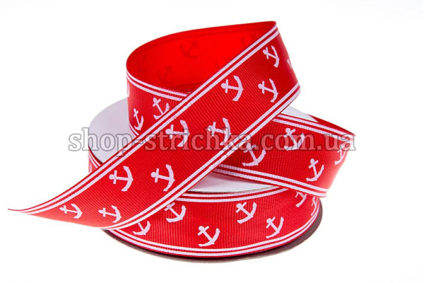 Стрічка репсова 2,5см. З якорями. Червоний