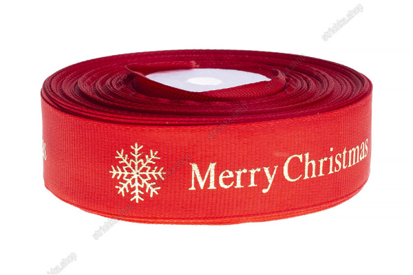 Стрічка репсова 2,5см. Золото сніжинка Merry Christmas. Червоний