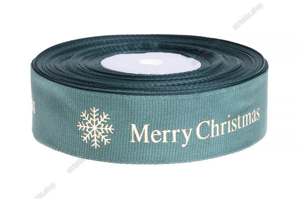 Стрічка репсова 2,5см. Золото сніжинка Merry Christmas. Зелений