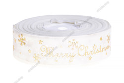 Стрічка репсова 2,5см. Золоті сніжинки, зірки Merry Christmas. Кремовий