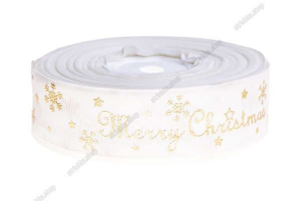 Стрічка репсова 2,5см. Золоті сніжинки, зірки Merry Christmas. Кремовий