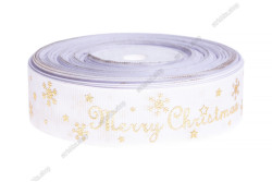 Стрічка репсова 2,5см. Золоті сніжинки, зірки Merry Christmas. Білий