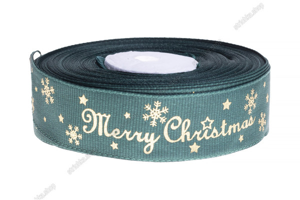 Стрічка репсова 2,5см. Золоті сніжинки, зірки Merry Christmas. Зелений