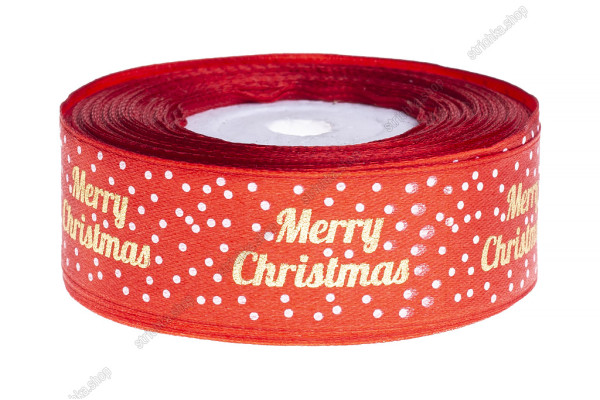 Стрічка атласна 2,5см. Золото Merry Christmas, білі крапки. Червоний
