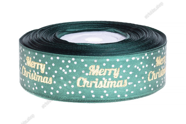 Стрічка атласна 2,5см. Золото Merry Christmas, білі крапки. Зелений
