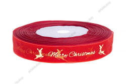 Стрічка органза 1,2см. Золото Олень Merry Christmas. Червоний