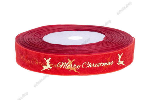 Стрічка органза 1,2см. Золото Олень Merry Christmas. Червоний